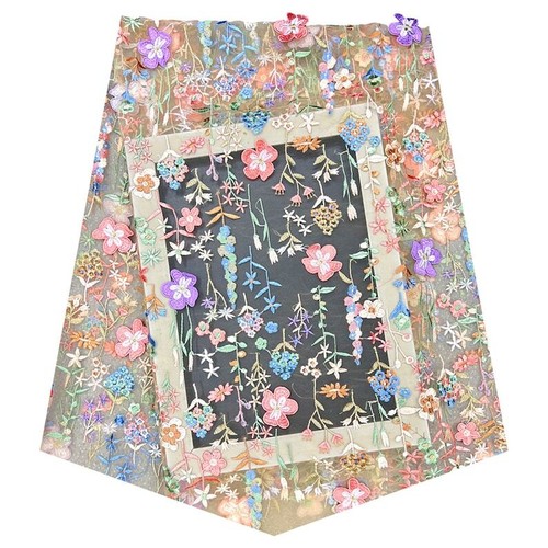 Multicolor 3D Wildflower Embroidered on Beige Tulle Mesh Fabric for Dress - Picture 5 of 8