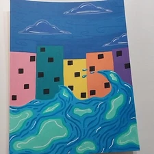 9x12 Inch Acrylic Painting On Watercolor Paper Abstract Title Sea Side City A1