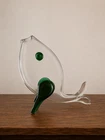 Vintage Blenko Style Fish Bowl Vase Clear Glass Green Vase Fish Sculpture MCM