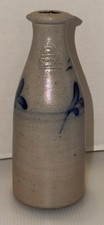 1990 Rowe Pottery Works Bud Vase Salt Glazed Gray w/ Navy Design Bottle 8.5"