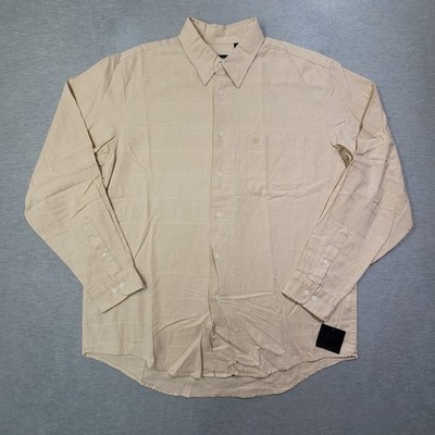 IZOD Shirt Men Large Beige Textured Plaid Linen Button Up Chest Pocket Logo NWT