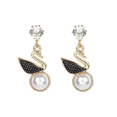 Swan Drop Earrings OS Gold White Faux Pearl CZ Pave Dangle Chic Minimal Daily