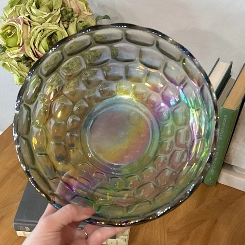 Vintage Iridescent Carnival Glass Bowl 10” Rainbow Luster Hobnail Style