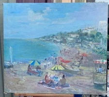 Tadeusz Roman 1906-1983 Impressionist Oil Painting on Canvas, Beach Scene -Plaża