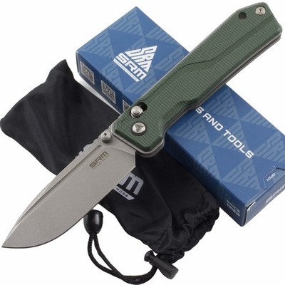 SRM Knives Rubik Ambi Lock Folding Pocket Knife Green Canvas Micarta