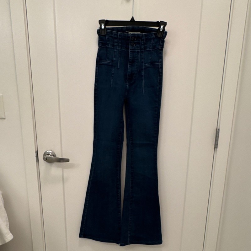 We The Free Women's Flared High Rise Dark Blue Denim Jeans Button Zip