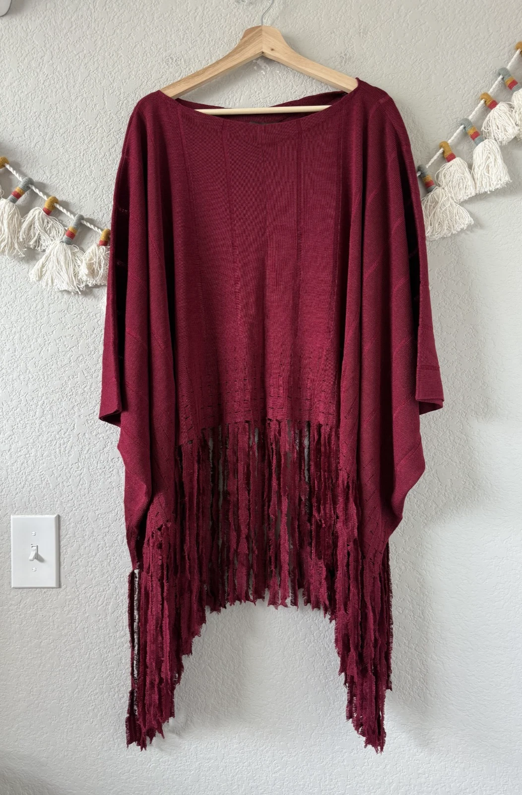 Patti LaBelle Silk Blend Red Knit Fringe Boat Neck Poncho Top Holiday Glam OS
