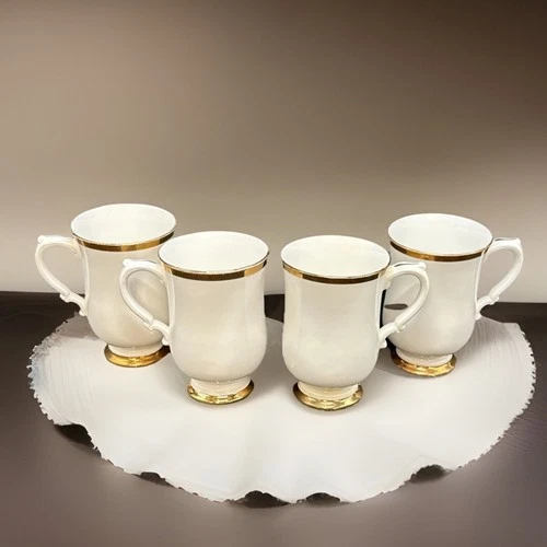 Royal Victoria ROV6 Set of 4 Footed Mugs Fine Bone China Gold Trim Vintage