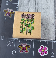 Trio Flowers Long Stems Plants Rubber Stamp Wood R119