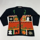 Vintage Lauren Hansen Halloween Cardigan Sweater Womens Medium Black Orange 90s