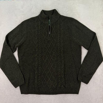 Emerald Isle Men XL Quarter Zip Sweater Green Cable Knit Wool Blend Irish Casual