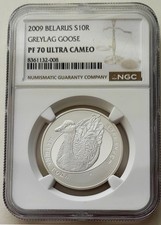 BELARUS 10 ROUBLES SILVER GREYLAG GOOSE BIRD 2009 NGC PF 70 ULTRA CAMEO