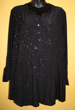 Notations Woman 2x Black Gold Sparkles Embroidered Top Roll Tab 3/4 Long Slvs