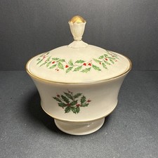 Lenox Holiday Footed Candy Dish with Lid, Holly and Berry with 24 Karat Gold 