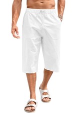 Men's Cotton Linen Capri Pants Baggy Harem Drawstring Yoga Beach Pants with P...