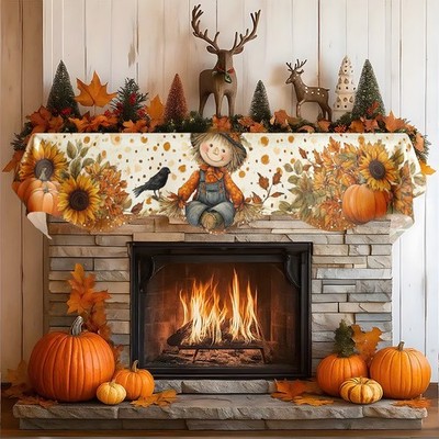 Fall Scarecrow Fireplace Mantel Scarf Sunflower Pumpkin Harvest Autumn Decor