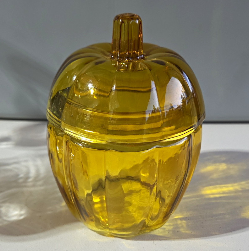 Amber Glass Pumpkin Shaped Jar Canister w/ Lift-Off Lid 4x4x5.5