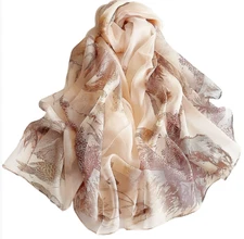 100% Silk Scarf Women neckerchief thin Shawl Wrap Floral beige coffee HD118-60