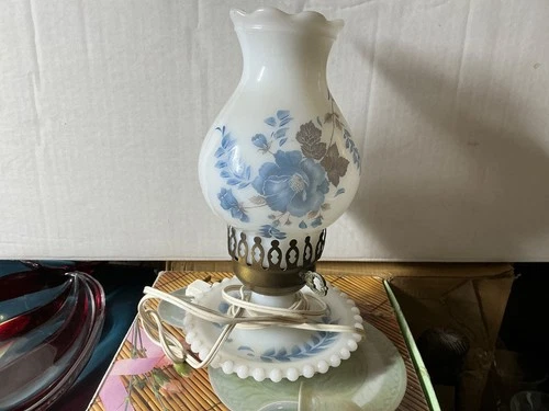Vintage GWTW Milk Glass Night Stand Lamp Hurricane Shade w/Blue Flowers EUC