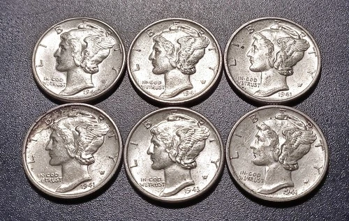 Lot of (6) Nice BU U.S.  Mercury Dimes