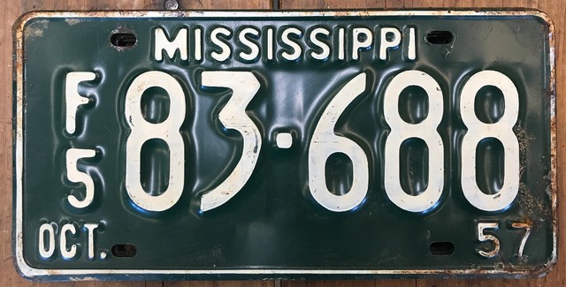 1 Antique Vintage 1957 Mississippi Car Truck Farm Tag License Plate