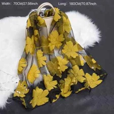 Yellow Flowers Raised Embroidery on Black Polyester Scarf 27 1/2" x 70"