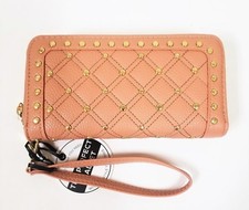 NEW UNDER ONE SKY PINK PASTEL FAUX LEATHER,GOLD STUDS,DUAL ZIP WALLET,WRISTLET