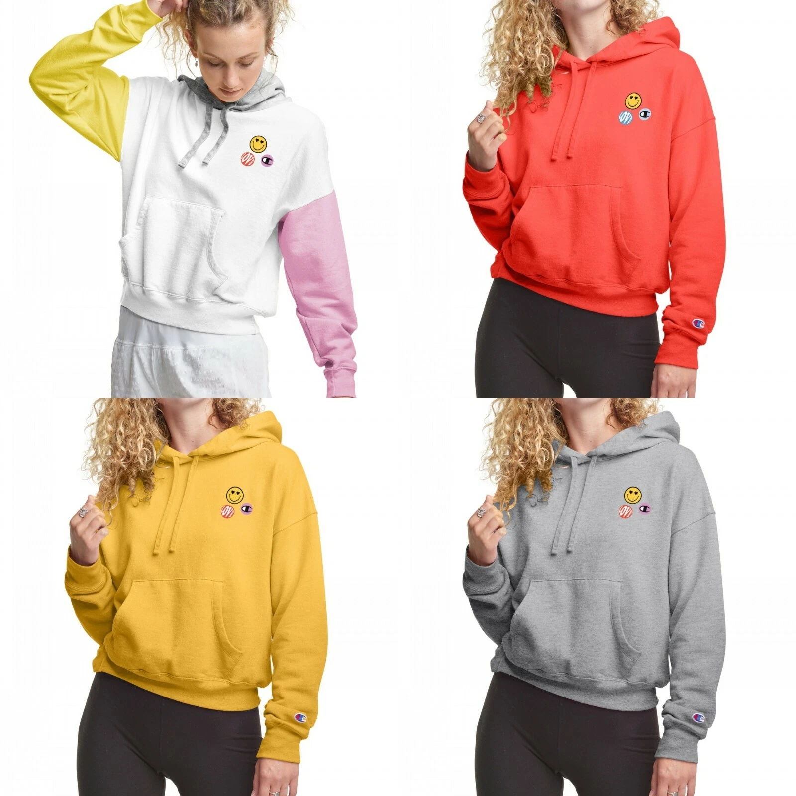 Champion Women's Get Happy Powerblend Relaxed Fleece Hoodie Smiley Face Graphics