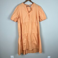 London Times Midi Dress 18W Peach Ruffled Tiered High Low Short Sleeve Plus