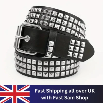 SMART RANGE Unisex Leather Belt 3 Row Pyramid Studded Silver Belt Punk Goth Accessories NEW