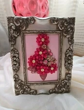 Vintage Jewelry Tree Framed Picture Art OOAK Pretty In Pink