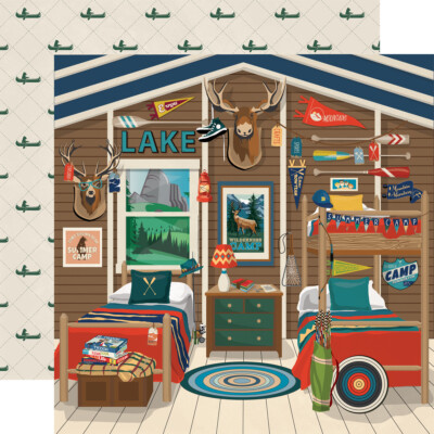 2 Sheets of Carta Bella Paper SUMMER CAMP 12x12 Cardstock - Camp Cabin