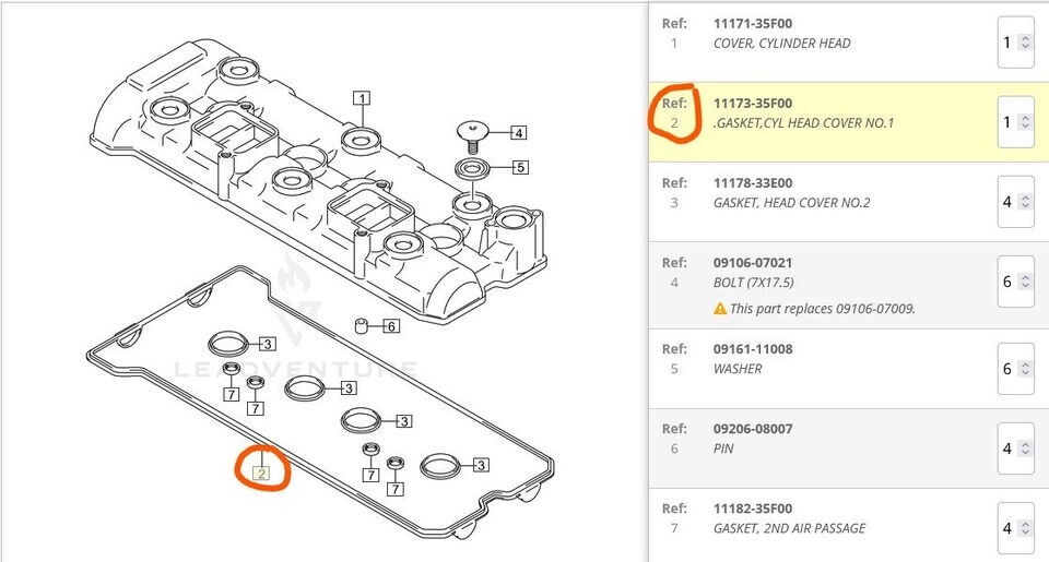 SUZUKI OEM GSXR 600/750/1000 HEAD COVER NO.1 GASKET P/N 11173