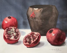 Pomegranate, Fruit, Original Watercolor Painting, Signed, 20x16 inch, Art