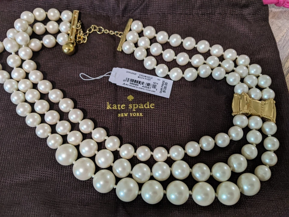 GORGEOUS 3 STRAND PEARL MOON RIVER BOW KATE SPADE STATEMENT NECKLACE GOLD TONE 