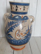 Vintage Mexican Mexico Folk Art Pottery Vase Tonala Birds Plants 10" Blue