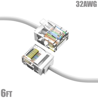 6FT Cat6A RJ45 Super Slim Network LAN Ethernet UTP Patch Cable Cord 32AWG White