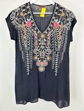 JOHNNY WAS Karineh Embroidered Boho Paisley Floral Size S Grey Women Tunic