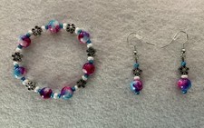 Girls Pink, White Blue Flower Power Beaded Stretch Bracelet  Earring Set 6.25  