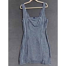 Old Navy Dress L TALL Blue Gingham Linen Blend Square Smocked Mini Summer Picnic