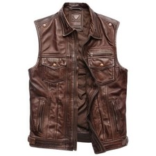 Men  s Distressed Brown Sheepskin Leather Vest Biker Rider Vintage Zip-Up