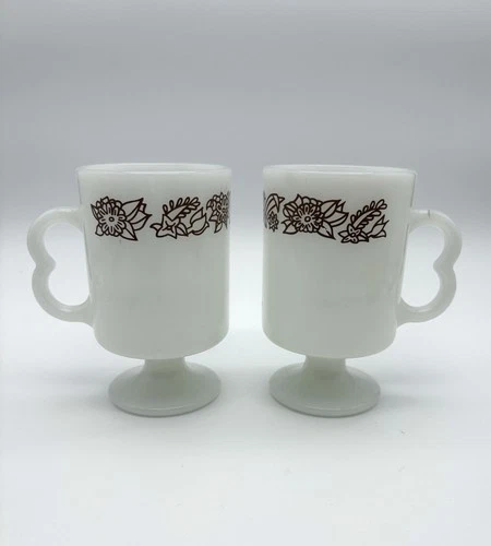 VTG Pyrex Woodland Pedestal Coffee Mugs Set of 2 Milk Glass Brown Floral Footed