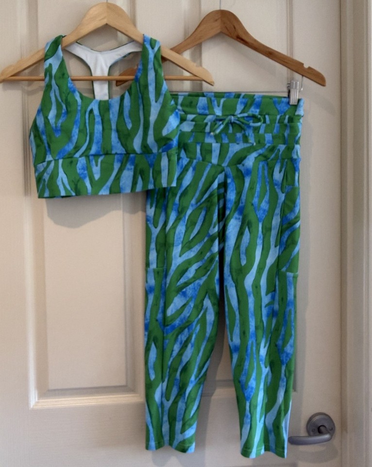 Exotica Athletica 2pc Green Blue Sports T Back Bra & 7/8 Leggings Set M