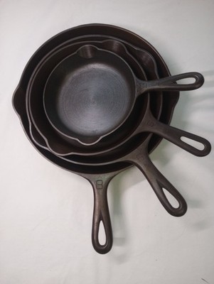 GRISWOLD FOUR SMALL LOGO SKILLETS #3 #5 #6 #8 CLEANED AND SEASONED