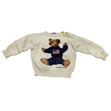 Ralph Lauren Iconic Baby Sit Down Bear Flag Sweater Knit Cotton Cream 3M 12M