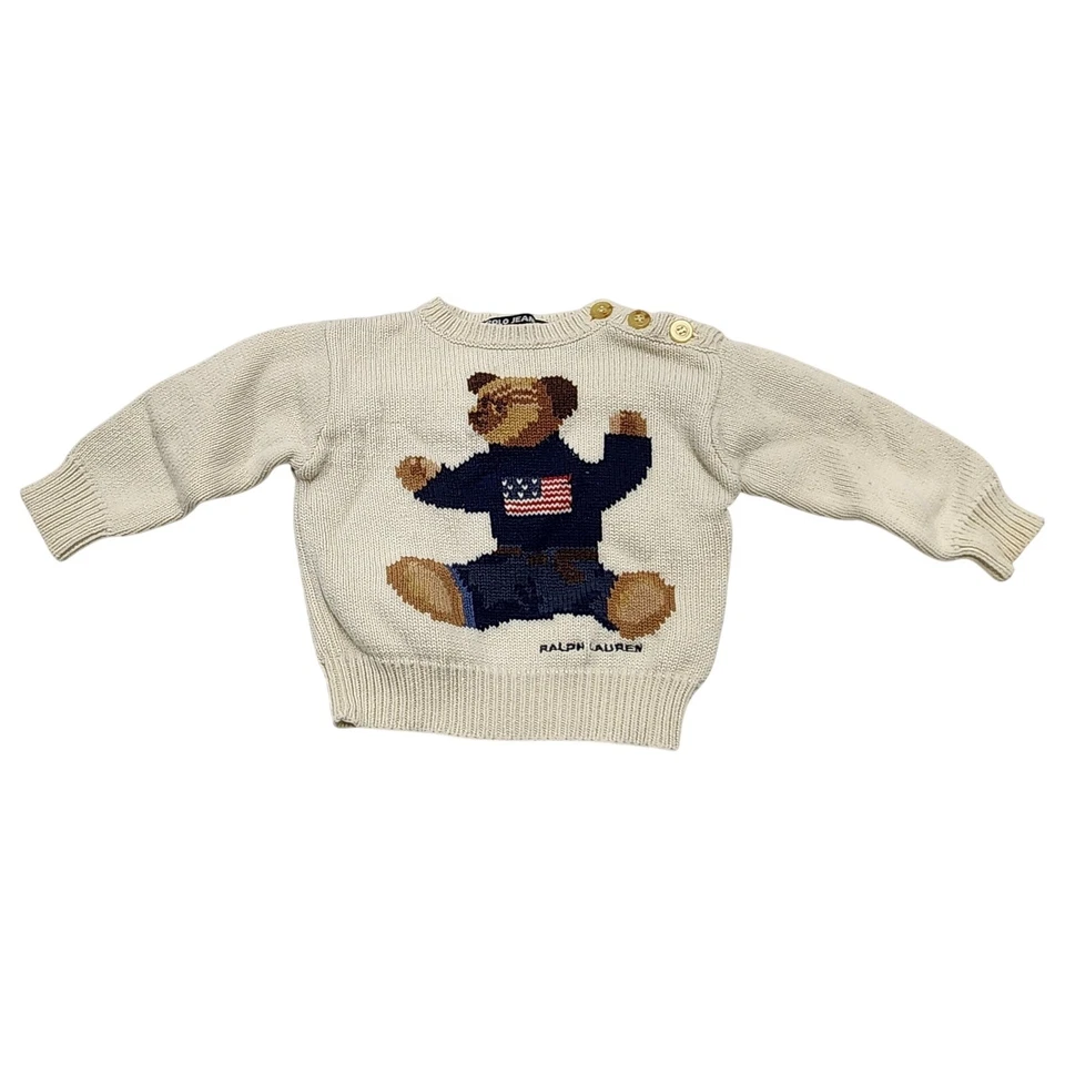 Ralph Lauren kultiger Baby Sit Down Bear Flag Pullover Strick Baumwolle creme 3M 12M