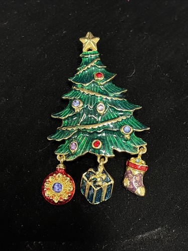 Vintage Christopher Radko Brosche Emaille Strass Weihnachtsbaum Hänger Charm - Bild 2 von 8