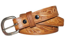 80's Vintage ARTISAN CRAFTED Tan Hand-Tooled  Stamped Leather Western Belt 32"
