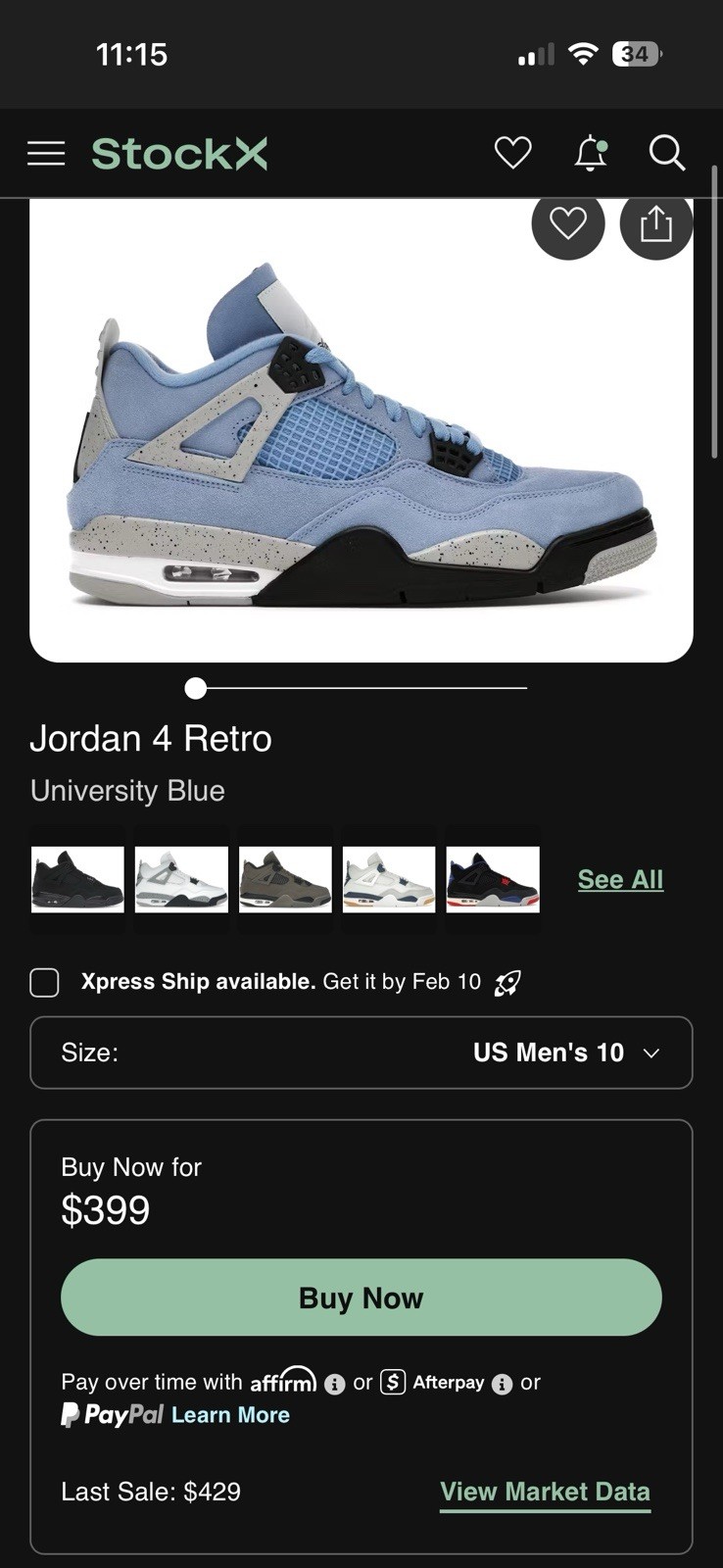 Air Jordan 4 Retro University Blue, Size 10, UNC CT8527-400 thumbnail 7