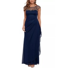 Xscape Beaded Mesh Illusion Neck Maxi Dress Sleeveless Formal Gown Blue, Size 14